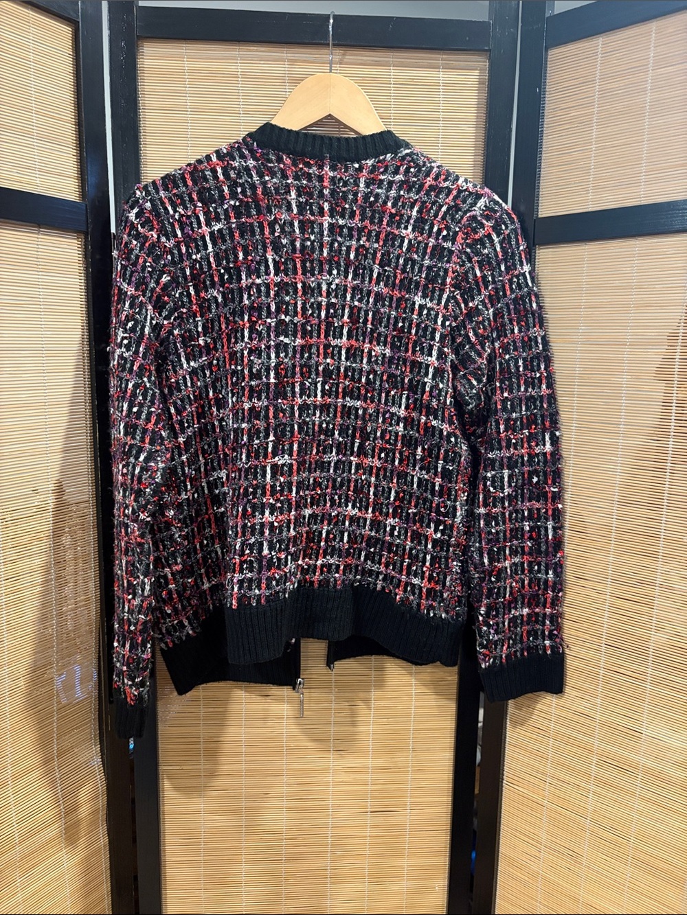 Black Multi-Color Tweed like Zip-Front Sweater - Picture 7 of 7